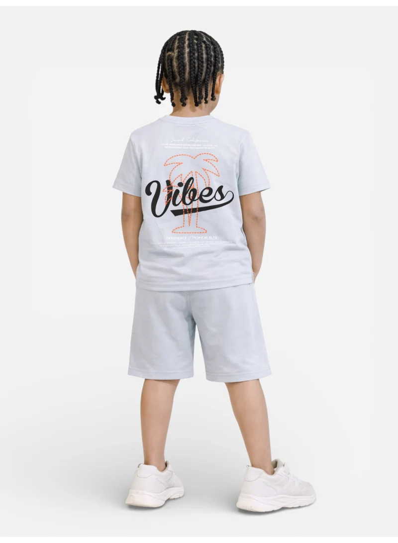 victor and jane Boys Vibes Printed T-Shirt &amp; Greyish Blue Shorts Set